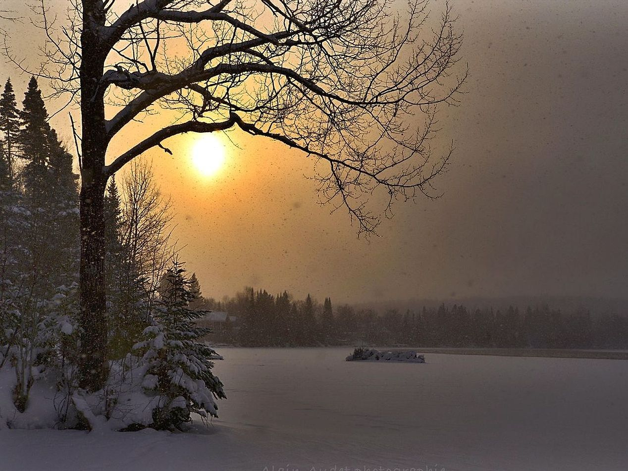 A mountain lake frozen solid under clear skies